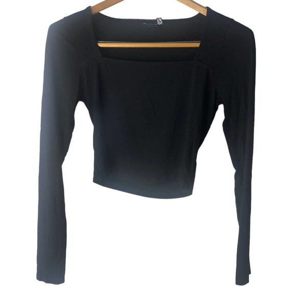 ASOS Top Womens Size 6 Black Square Neck Cropped Long Sleeves - Picture 2 of 7